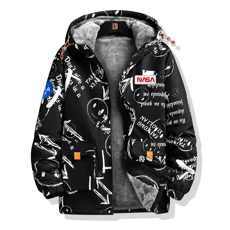 太空熊猫联名nasaxx秋冬笑脸连帽涂鸦加绒夹克夹克