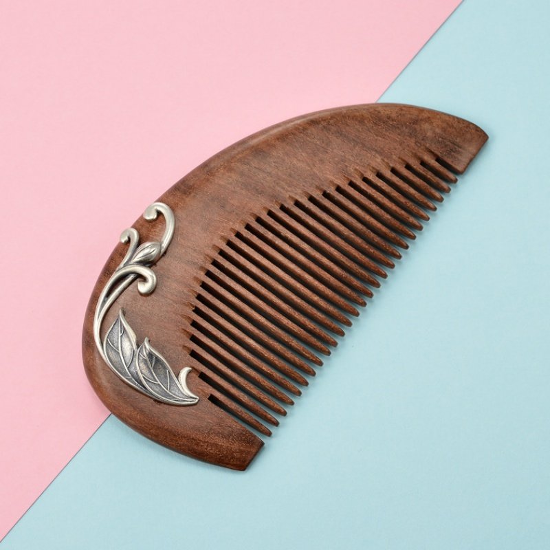 抖音新款s925纯银花卉手工檀木梳子中国风泰银插梳镶银头饰发饰