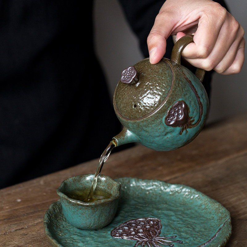 茶壶陶知粗陶窑变工艺绿色莲蓬造型复古古拙茶壶