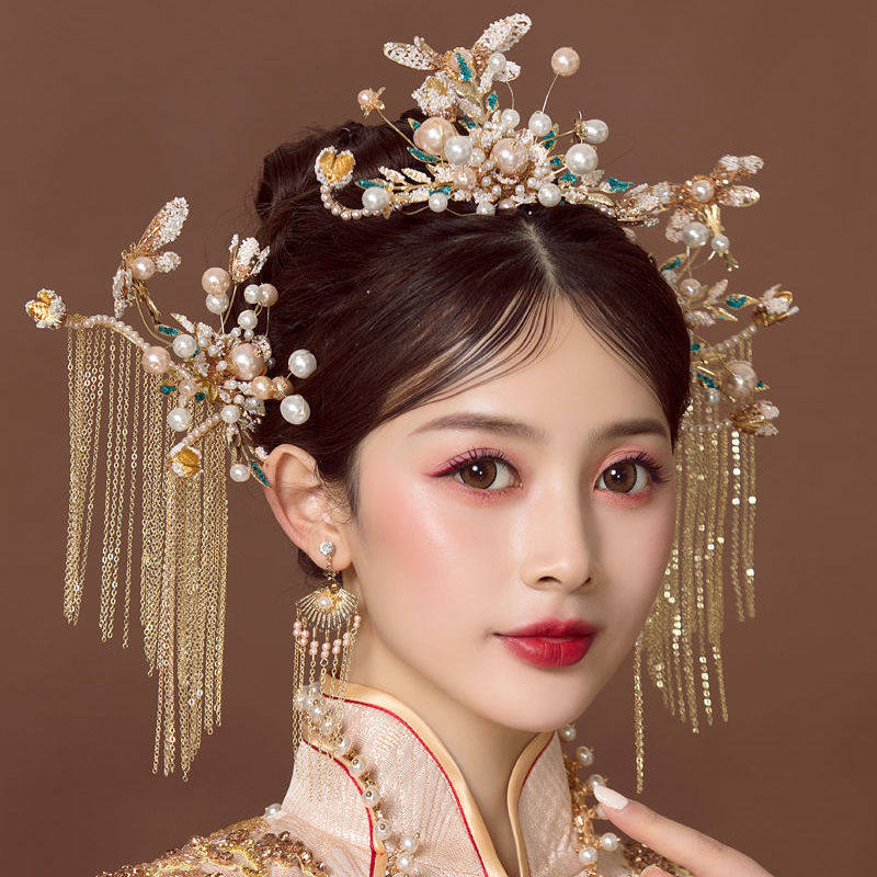 新娘中国大气中式红色饰品品美粉色凤冠头饰发饰