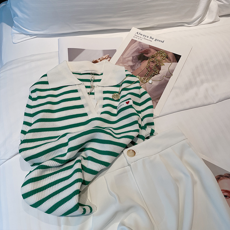 冰丝条纹针织衫女短款夏季2021年新款polo领修身短袖t恤薄款上衣