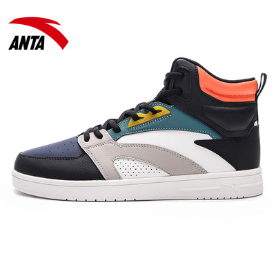 安踏高帮板鞋男夏季皮面拼接防水保暖休闲潮流男士运动鞋板鞋