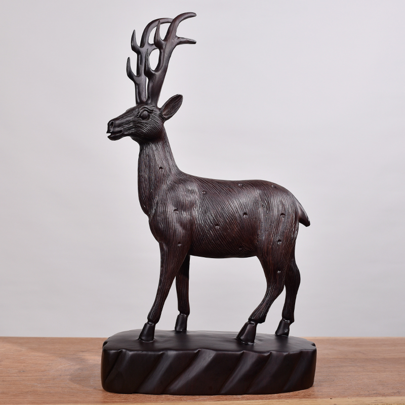 实木雕刻梅花鹿摆件木头根雕一路一路发发财一对木雕