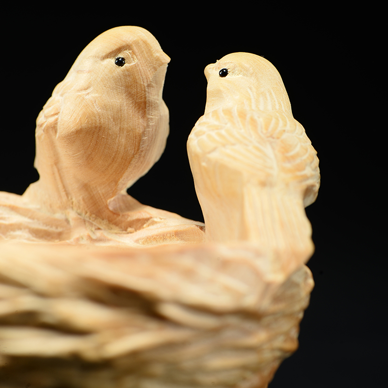 小叶黄杨木雕小鸟鸟窝双宿双飞实木雕刻摆件家居木雕