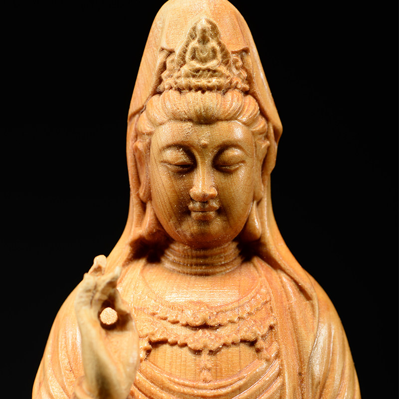 太行崖柏木雕南海观音摆件实木头根雕刻观世音菩萨佛像红木工艺品