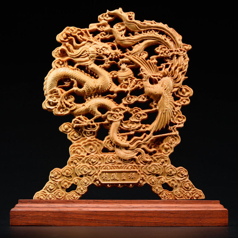 太行崖柏木雕龙凤呈祥摆件实木木头根雕雕刻新婚木雕