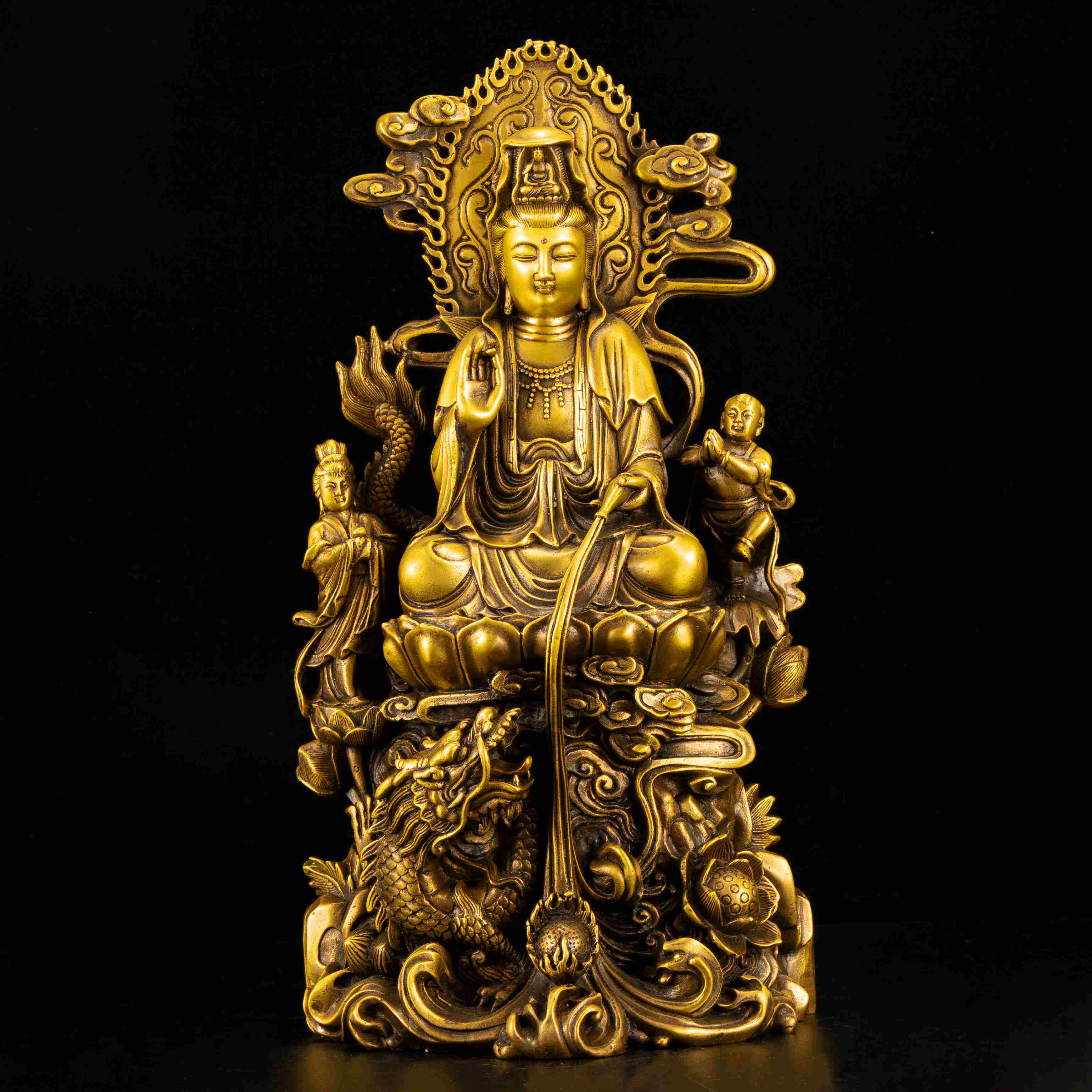 纯铜骑龙观音佛像五爪金龙南海观世音菩萨送子摆件
