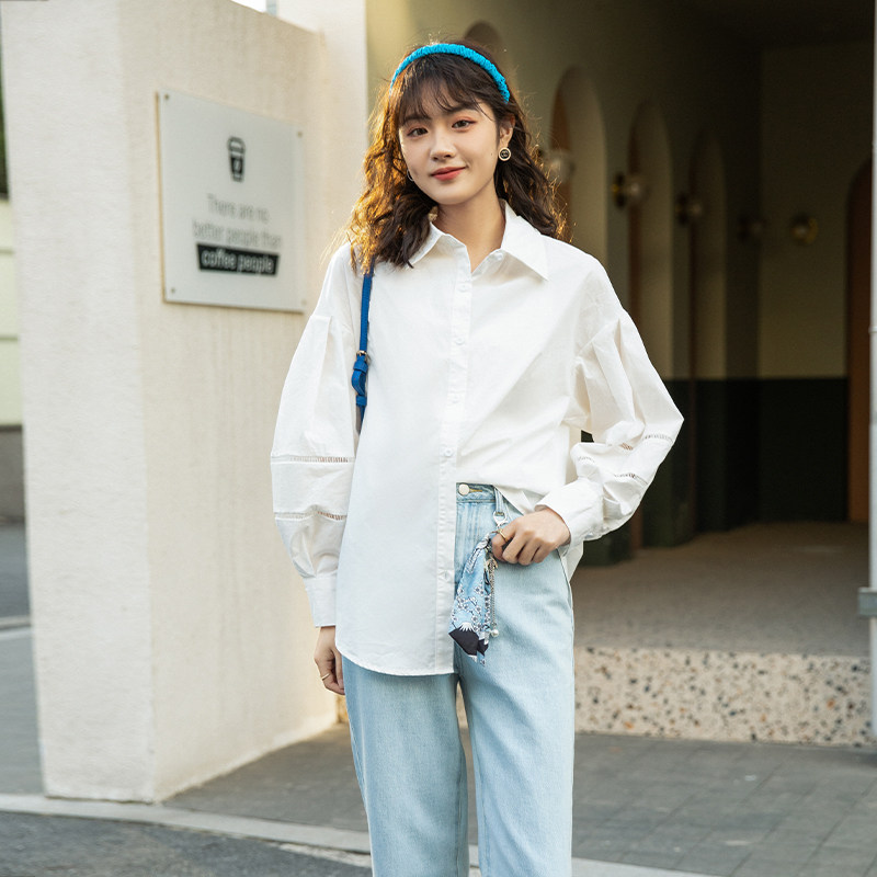 keely宜立女装2021春夏新款白色港风衬衫女薄款衬衫
