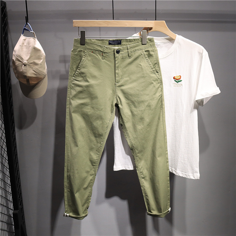 毒类 日系薄款休闲裤 男士轻商务纯色弹力九分裤绿色时尚百搭裤子