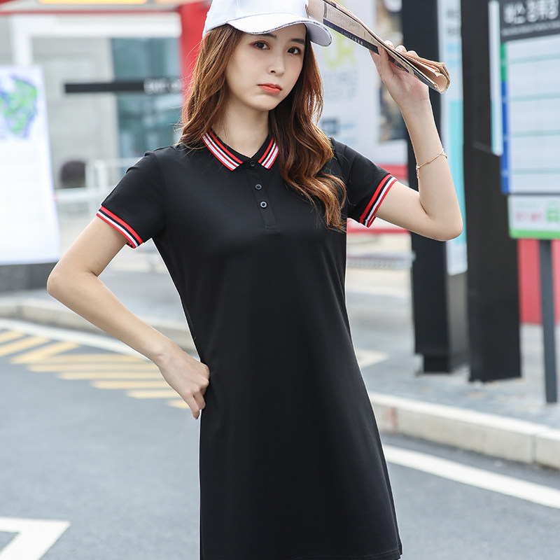 polo裙女夏针织连衣裙中长款收腰显瘦短袖polo衫t恤休闲运动裙a字