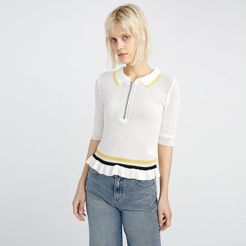 cubic拼接韩版上衣洋气体恤五分polot恤