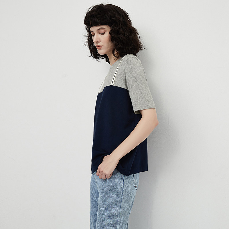 cubic珂璧春夏新款校园风格撞色拼接上衣两件t恤