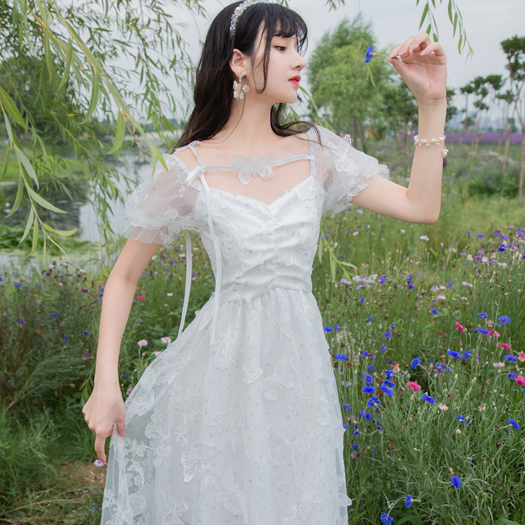 2020夏季新款温柔风可甜可白色纱裙甜美仙女连衣裙