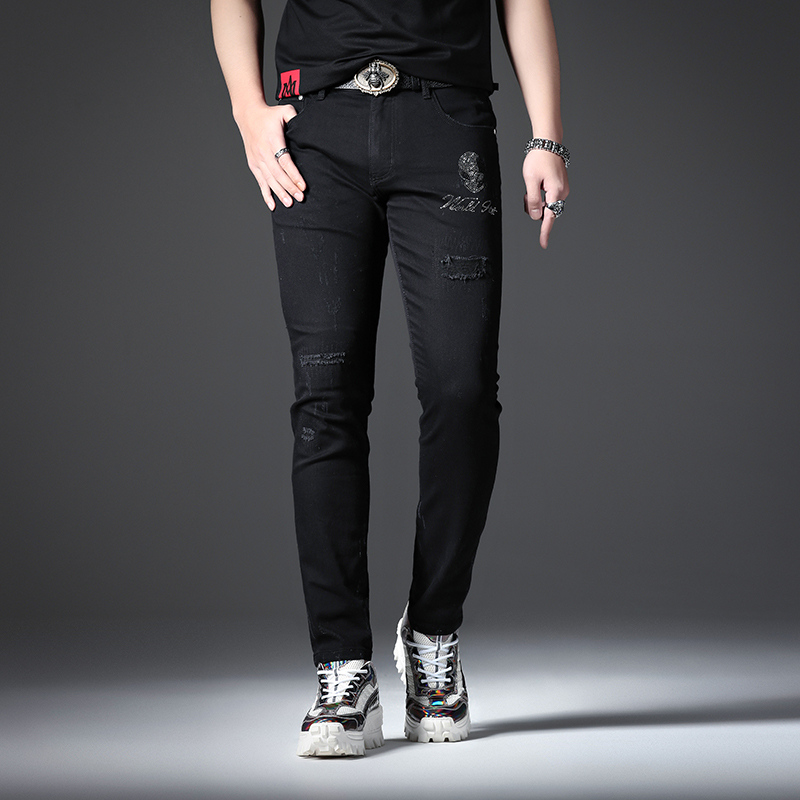 春秋款高端弹力黑色牛仔裤男潮牌修身小脚裤子男士长裤烫钻休闲帅