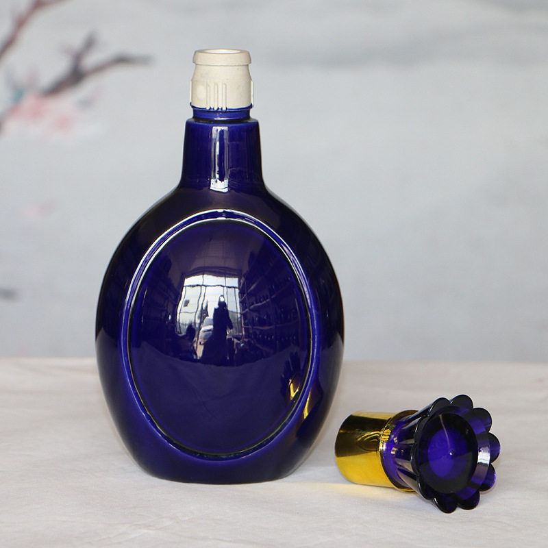 酒瓶宜兴陶瓷一斤蓝色白酒酒坛坛子家用存酒花茶机