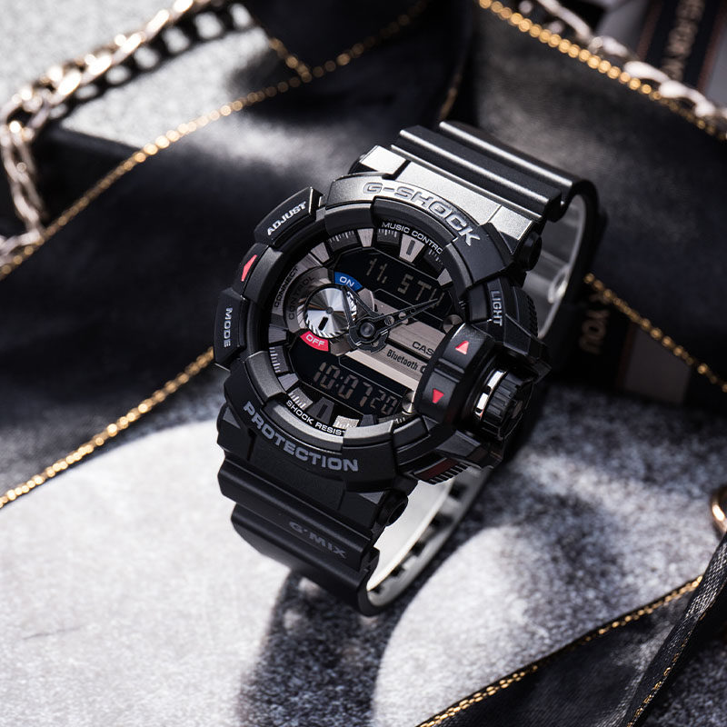 卡西欧蓝牙音乐手表钢铁侠红色运动防水石英表gba4001a日韩腕表