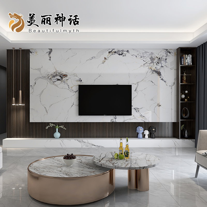 悬空岩板电视背景墙瓷砖轻奢网红格栅装饰大理石岩板