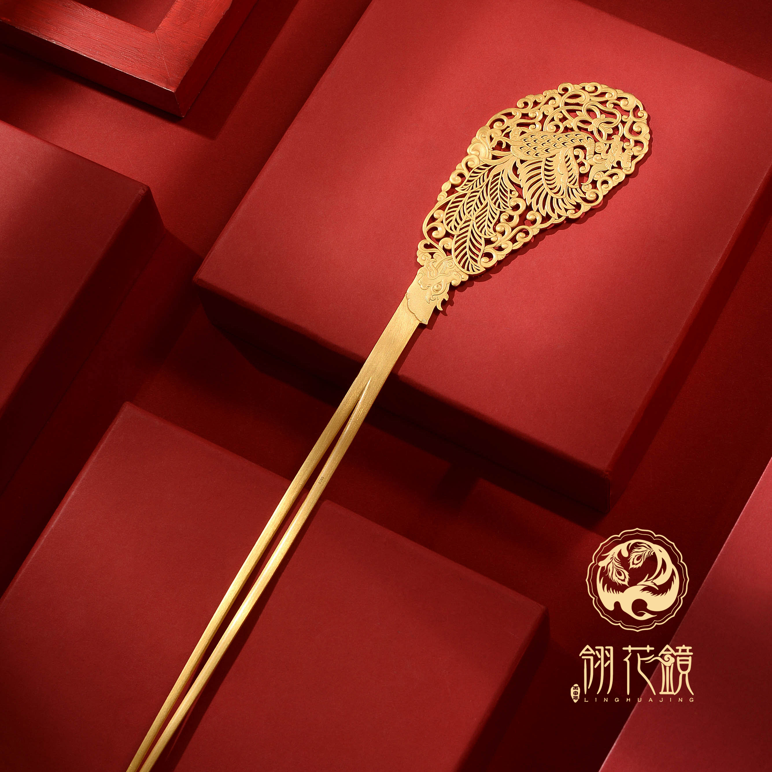 手工发簪唐代银鎏金凤鸟花树发古法金錾刻汉服发饰