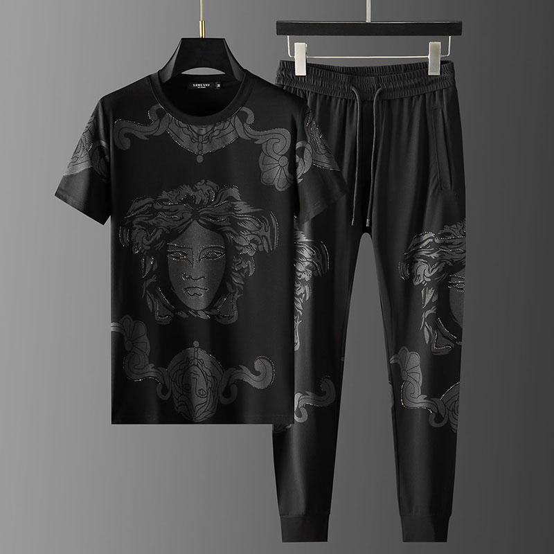 高端男士短袖套装潮流帅气两件套印花烫钻T恤运动休闲修身小脚裤