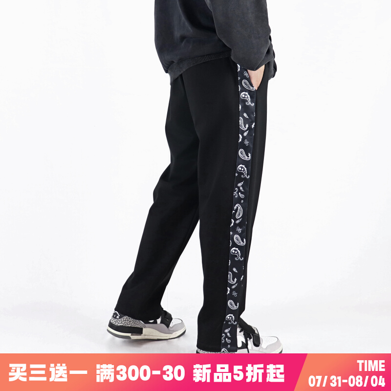 腰果花条纹拼接休闲直筒长裤运动裤拉链宽松男裤子高街ins潮秋冬