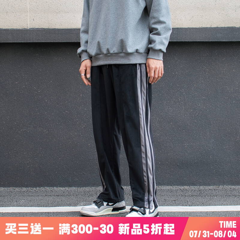 美式丝绒侧边撞色条纹拉链直筒休闲裤男高街宽松运动坠感长裤潮牌