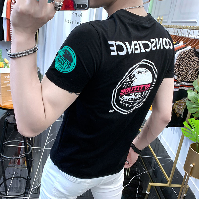 短袖t恤男2022夏新款潮牌半袖时尚体恤圆领修身潮流个性印花上衣