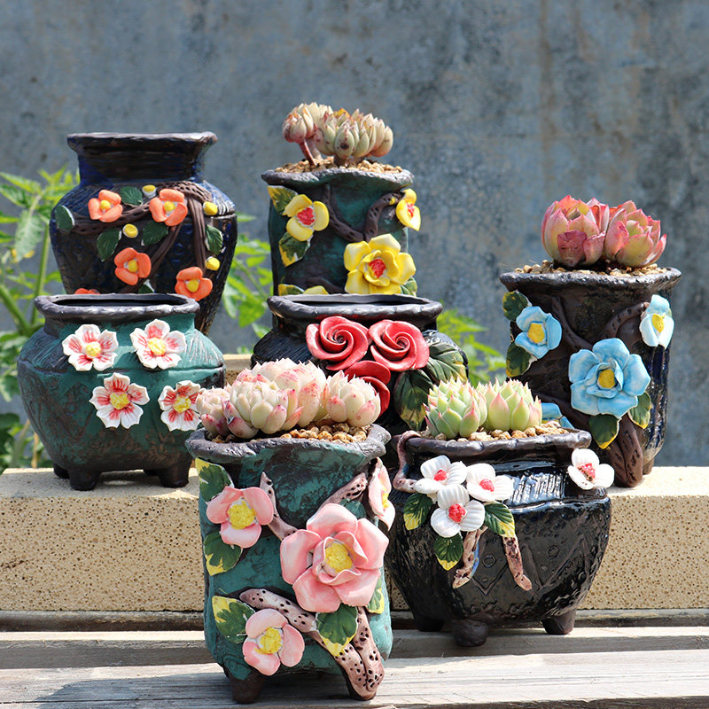 花盆粘花手工捏花多肉植物大红花韩式手绘桌面花盆
