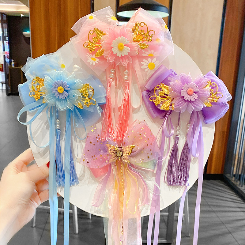 儿童汉服头饰古风蝴蝶结发夹小公主古装流苏发卡女童飘带发饰头花