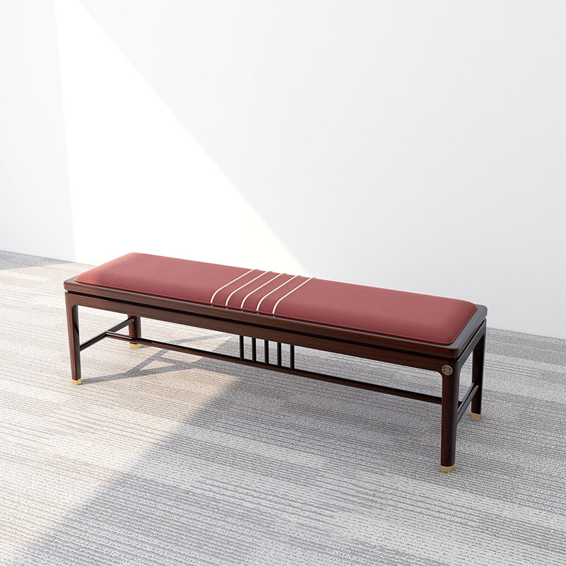 家晟乌金金木实木卧室床尾凳新中式檀色真皮床尾凳