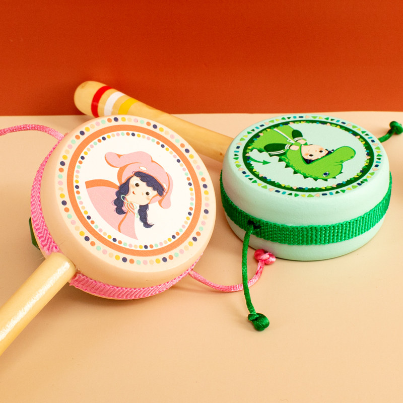 婴儿拨浪鼓传统木质手摇鼓宝宝1新生0到6个月3玩具不可啃咬波浪鼓