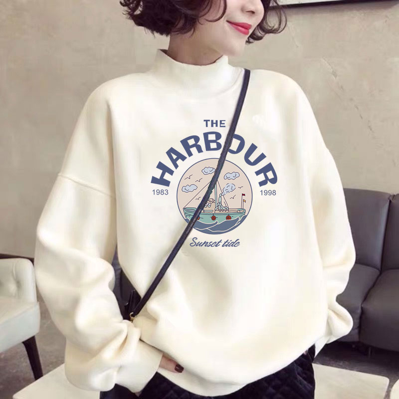 卫衣女2021秋冬新款纯棉宽松韩版半高领春秋薄款长袖上衣加绒加厚