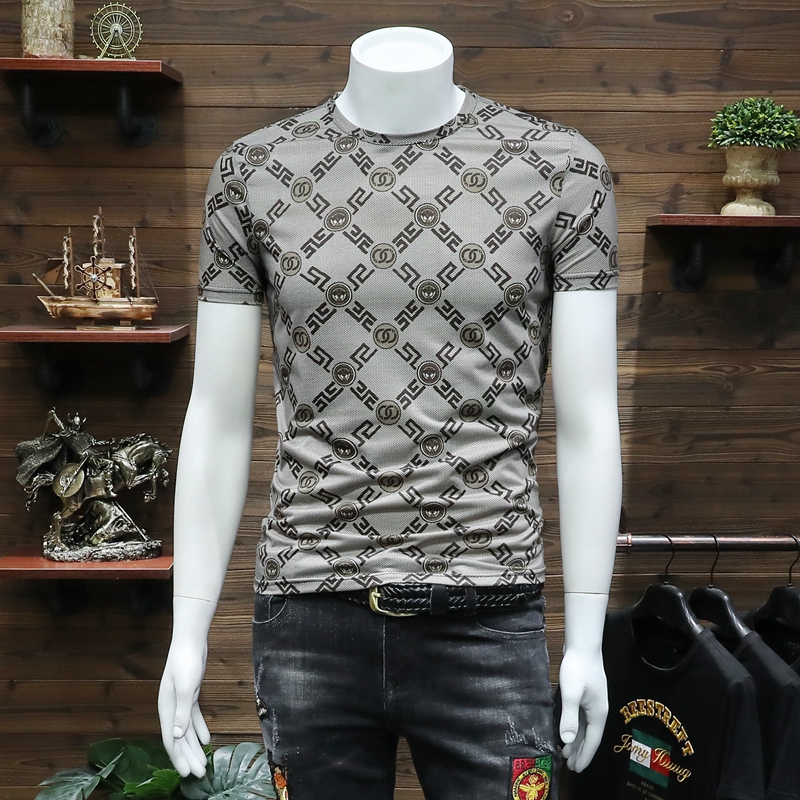 时尚丝光棉短袖t恤男士2022新款圆领欧洲站修身夏季潮牌潮流体桖