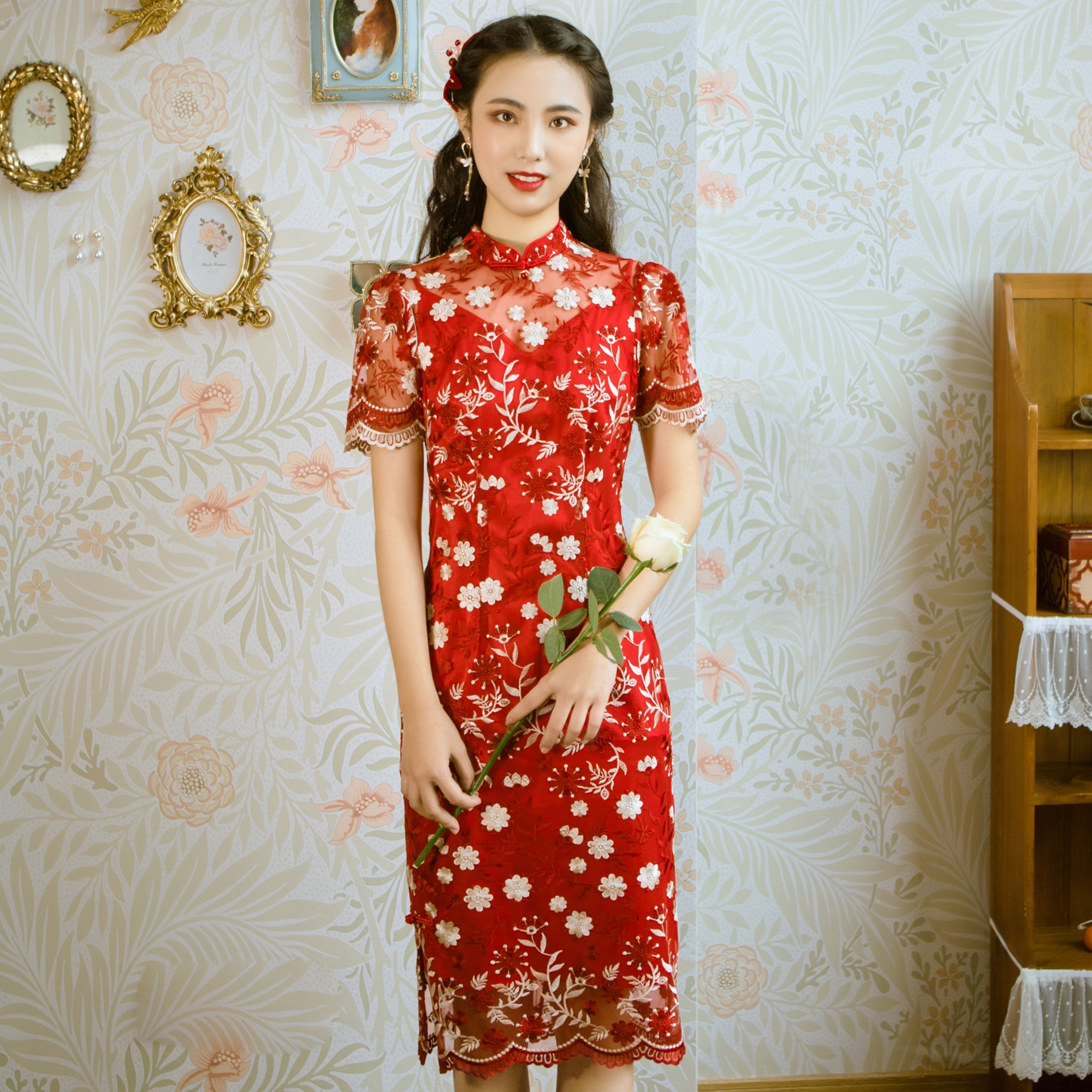 2021年新款中式订婚订婚礼礼服红色重工刺绣改良旗袍