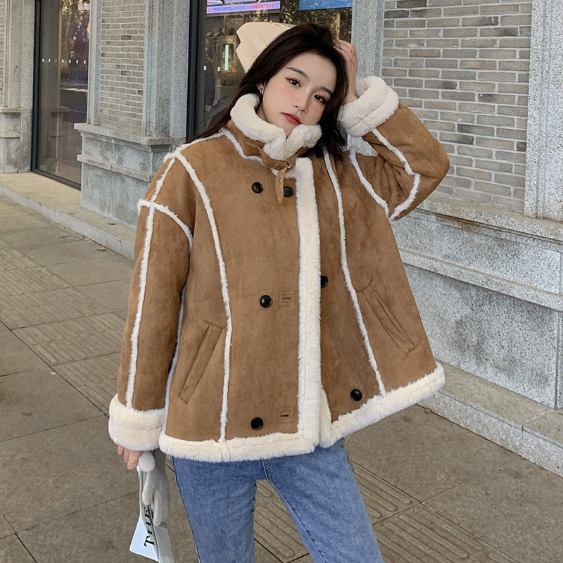 实拍2022咖色皮毛一体羊羔毛外套冬季女韩版宽松短款棉服潮