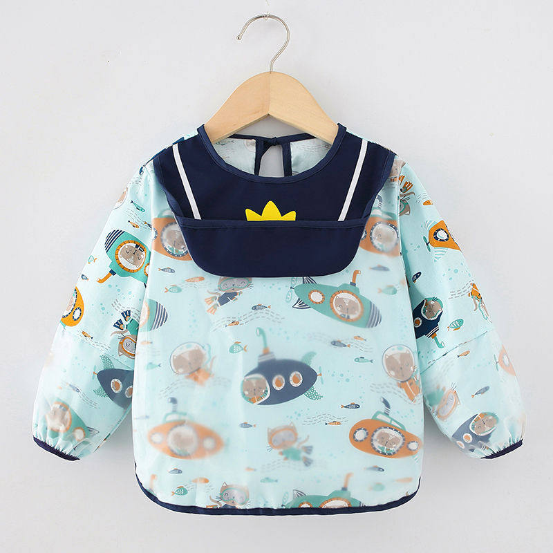 宝宝罩衣婴儿吃饭围兜春季长袖棉布围裙防水反穿衣