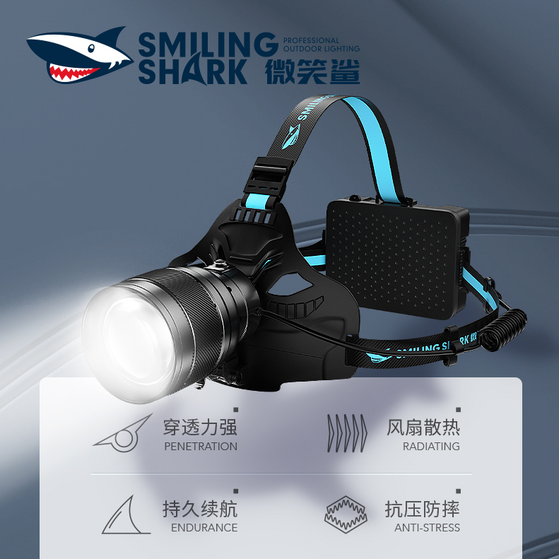 微笑鲨头灯强光充电超亮感应防水头戴式变焦户外手电筒夜钓鱼矿灯