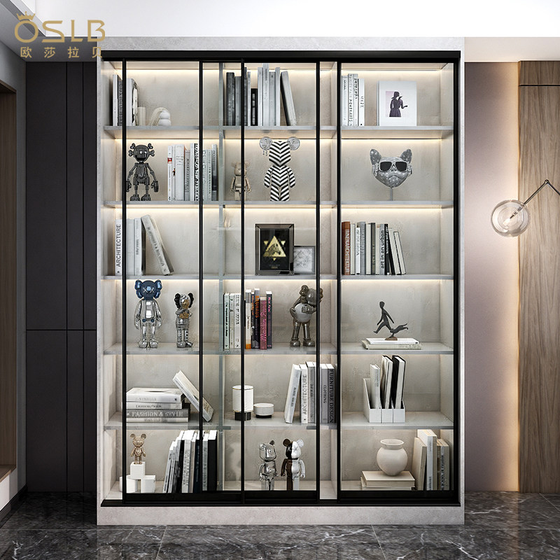 轻奢组合书柜落地靠墙推拉门书架玻璃门实木展示柜组合书柜