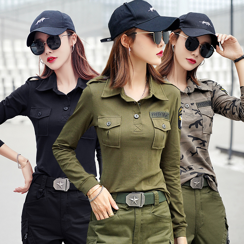 迷彩t恤女长袖2022新款潮春秋时尚弹力显瘦休闲军绿色宽松上衣