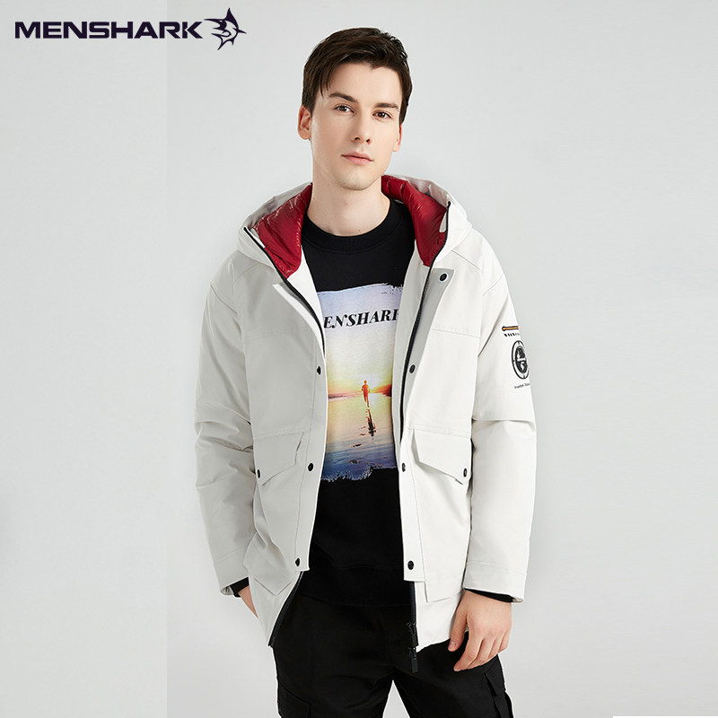 menshark中长羽绒服连帽男女款加厚冬季情侣外套防风羽绒服
