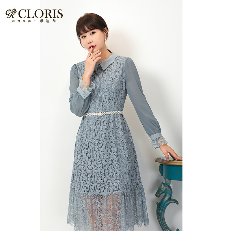 cloris歌迪丝203l201商场同款polo蕾丝连衣裙新款中长连衣裙