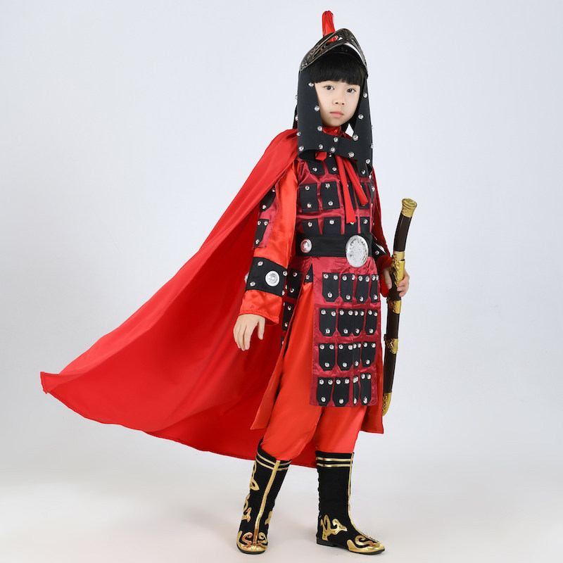 儿童盔甲古代士兵金色花木兰满江红赵云战袍白色儿童演出服
