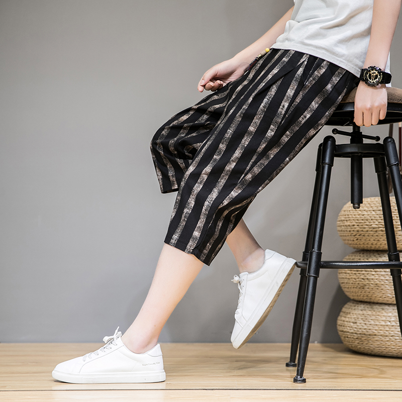 短裤男五分裤条纹休闲裤夏季运动七分裤马裤中裤宽松亚麻裤沙滩裤