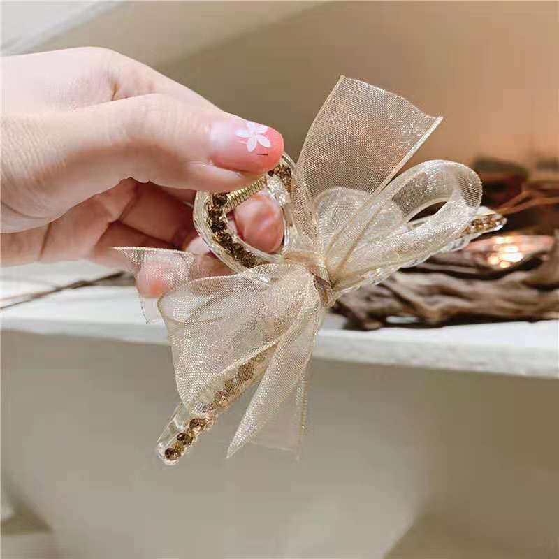 韩国时尚简约个性发夹镶钻纱布蝴蝶结抓夹网红气质发饰