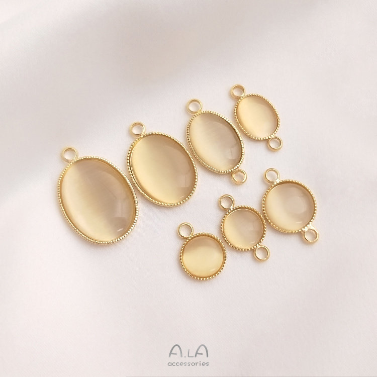 保色14k金色镶嵌猫眼圆形椭圆形包边吊坠diy项坠