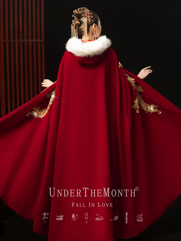 新娘结婚秀禾披风古风古装女秋冬款斗篷外套红色长款披肩外搭