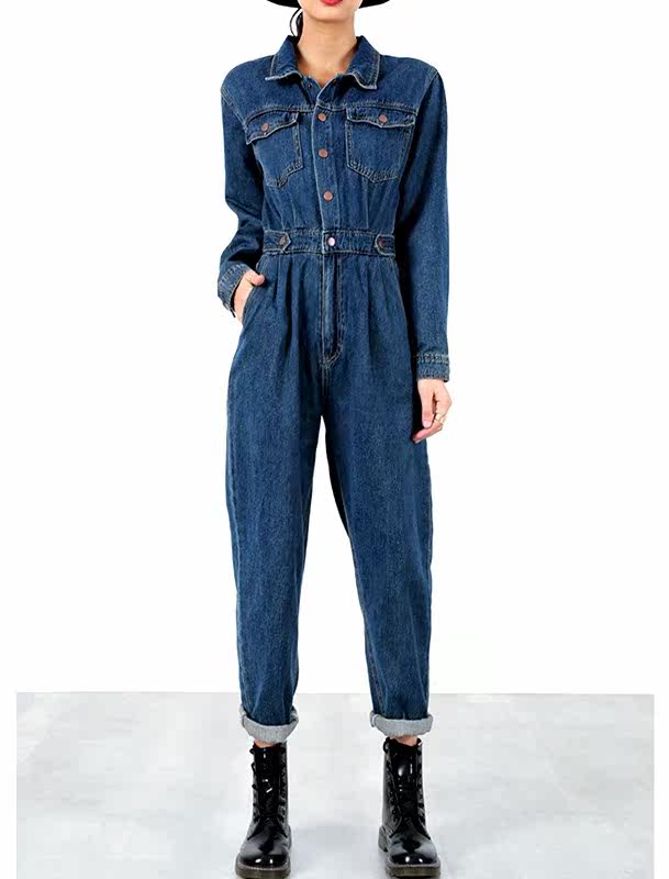 工装连体裤女2020秋新款复古高腰显瘦连衣裤深蓝色牛仔长裤子套装