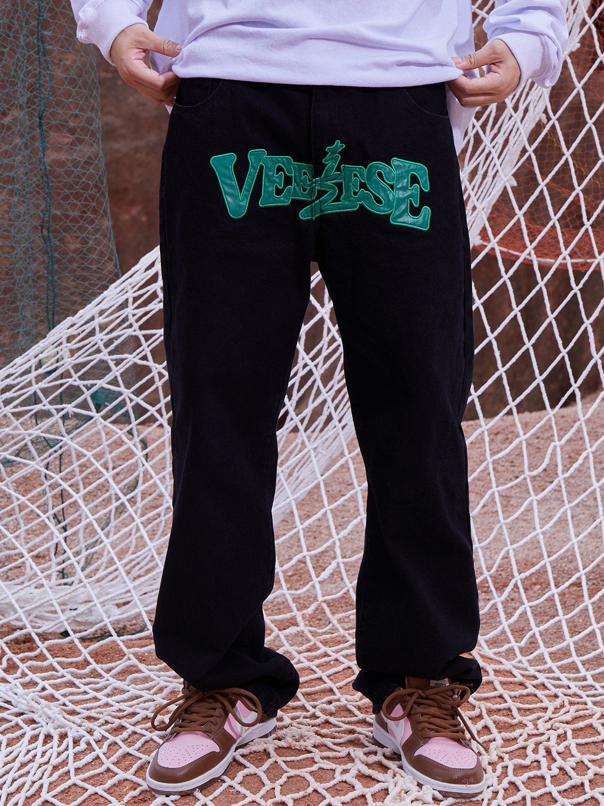 Veiseeelse 21AW 基础logo贴皮刺绣牛仔裤高街直筒裤长裤宽松休闲