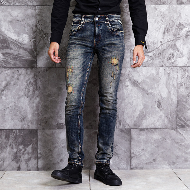 欧美补丁破洞男士牛仔裤潮流修身怀旧舒适弹力小脚裤水洗复古刺绣