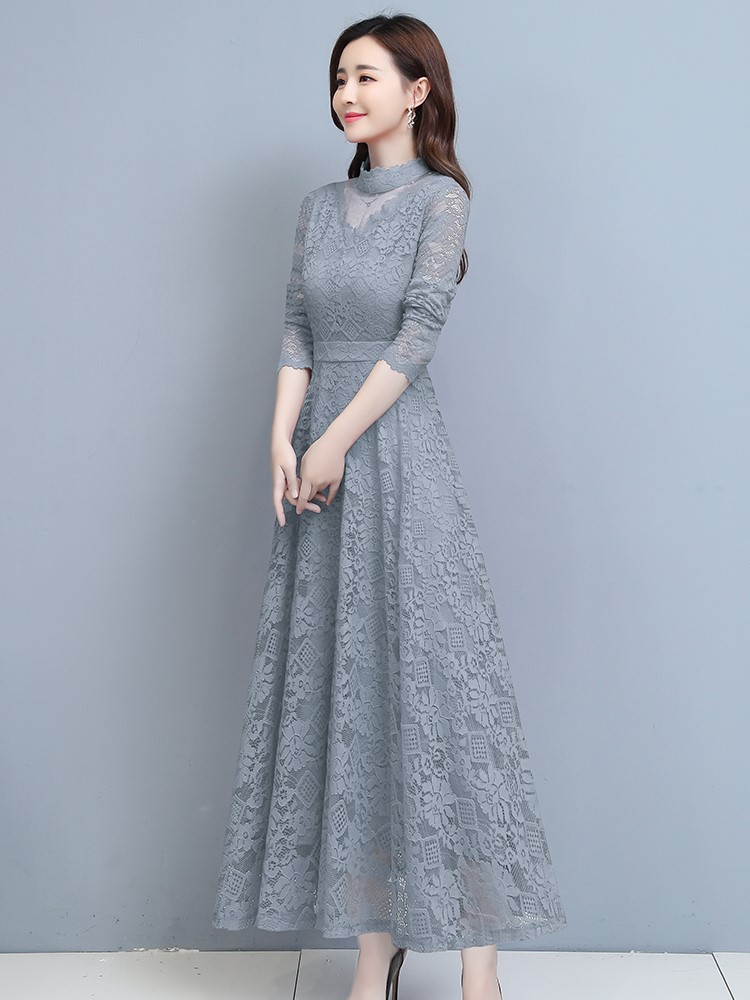 蕾丝打底连衣裙女秋冬2020新款高端名媛气质长款秋季长袖长裙 - 有一
