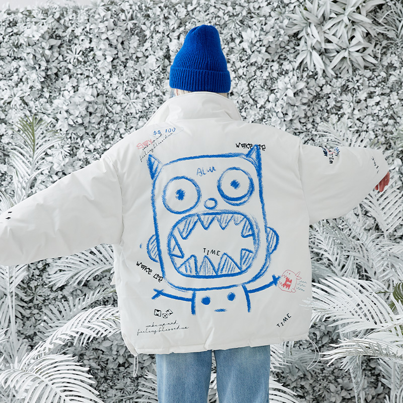 CALMMIND趣味涂鸦怪兽棉衣国潮情侣装冬季外套棉袄潮流棉服男宽松